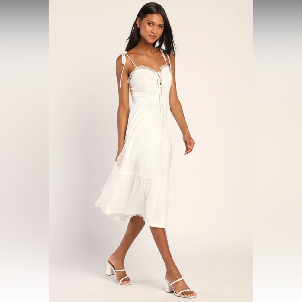 LuLus White Swiss Dot Tie-Strap Lace-Up Tiered Midi Dress